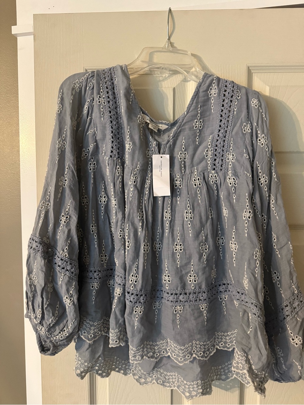 American Eagle Outfitters Light Blue Embroidered Peasant Blouse